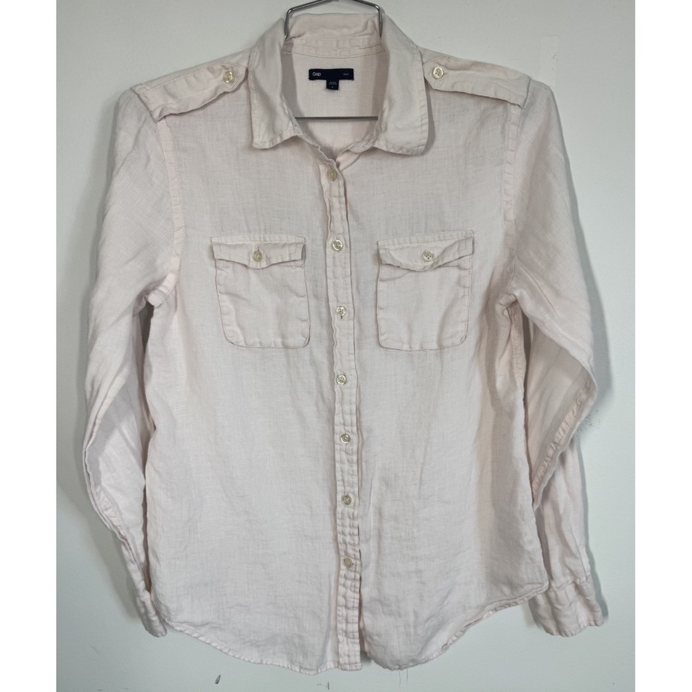 Gap 100% Blush Linen Boyfriend Shirt Long Sleeve Button Up Womens L Coastal Core